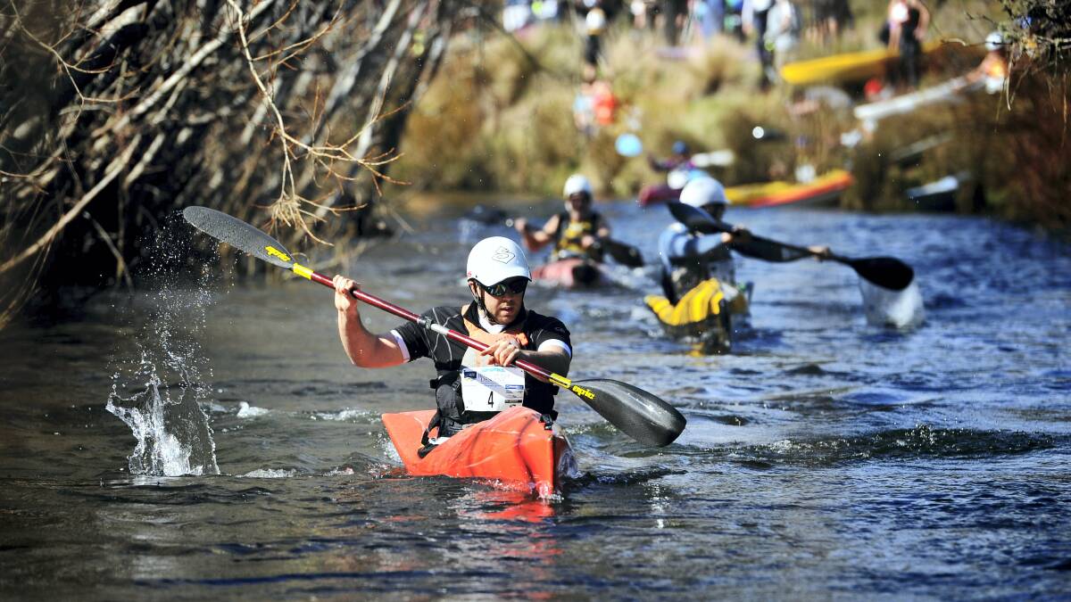 Sam Jarvis leads the way in the canoe leg in last year’s Ben Lomond Descent. Picture: SCOTT GELSTON