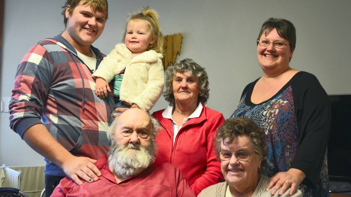 Five generations are from back, left, Deon Dennis, Dalilah-Mae Dennis, Christine Newell and Belinda Dennis, with  Kevin and Joyce Tatnell in front.  Picture: CHRIS CLARKE
