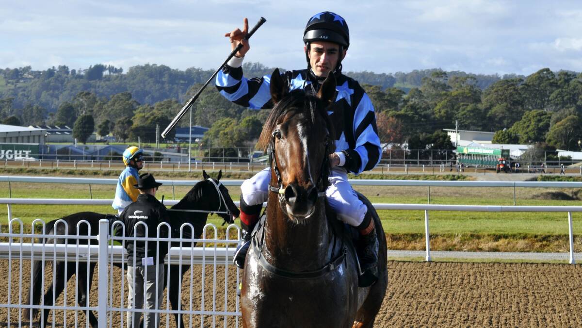 Ismail Toker returns to scale on Count Out, an impressive debut winner at Spreyton on Friday. Picture: GREG MANSFIELD.
