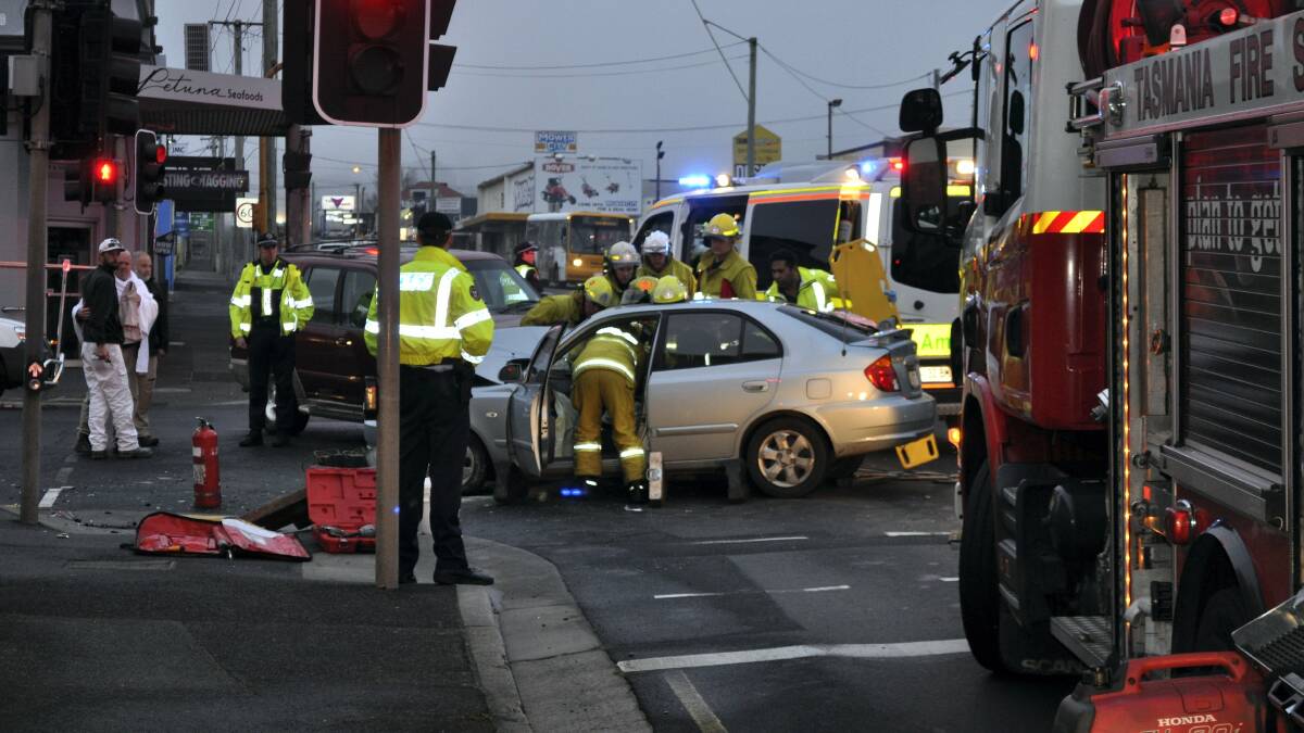 The scene at a car crash on the corner of Howick and Wellington streets, Launceston early Tuesday.Picture: CHRIS CLARKE