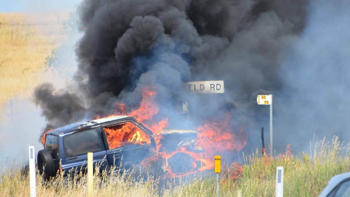 A two-car collision started a grass fire at Dunkeld and blocked the Mitchell Highway for a number of hours.