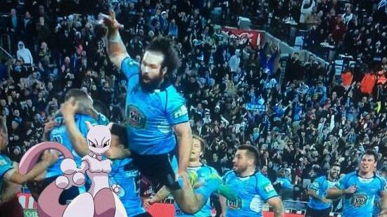 'That moment': Aaron Woods' celebratory effort was a highlight of Origin III. It also has turned into a meme-maker's dream. Pic: @sportsbetcomau