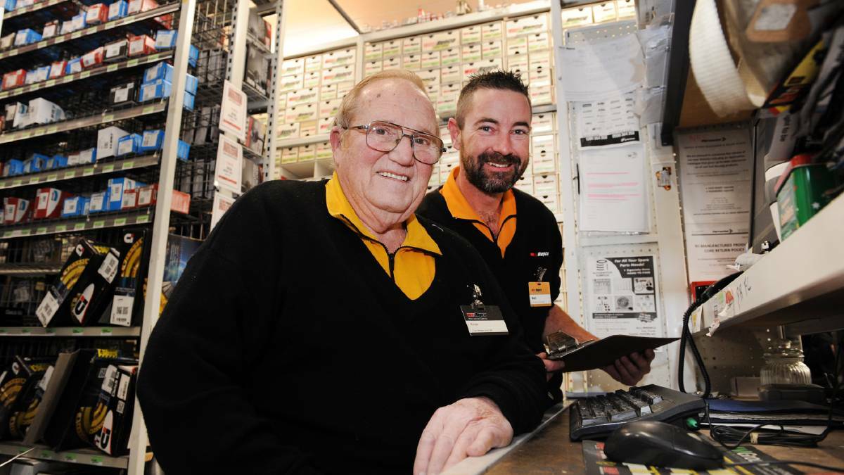 Horsham Repco trade manager Ron Bandel celebrates his 60th year working at Repco with Horsham store manager Matt Morrison. Picture: PAUL CARRACHER