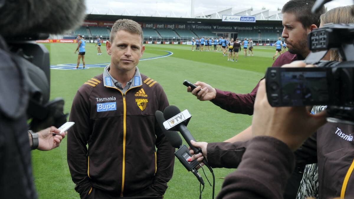 Brendon Bolton coaching the Hawks at Aurora Stadium in the NAB Cup match against North Melbourne in February.