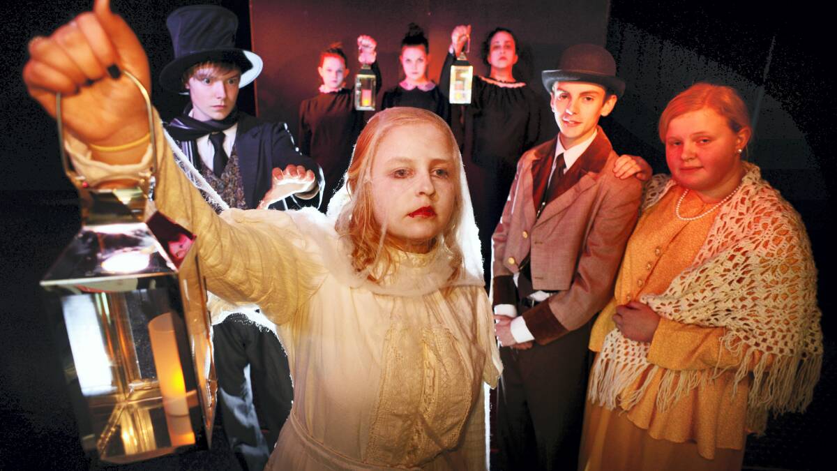 Launceston Youth Theatre Ensemble’s  A Christmas Carol cast members, front: Luke Pash (Scrooge), Finnley Willmott (Ghost of Christmas Past), Hamish White (Bob Cratchit) and Phoebe Meyer (Mrs Cratchit). Rear: Narrators Brenna Middlecoat, Georgia Clarke and Ava Rodrigues. Picture: SCOTT GELSTON