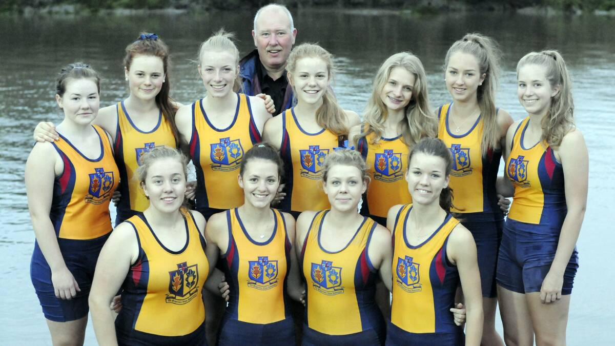 Members of the Scotch Oakburn College girls' rowing crew: BACK: Gaby Shay, Hannah Ellery, Merryn Allen, Rick Sargent (coach), Alexandra Gruber, Emily Cain, Tayla Callanan, Madeline Harte. FRONT:  Mecede Quiliam, Josie Lawrence, Chloe Barrow and Hannah Goddard.
