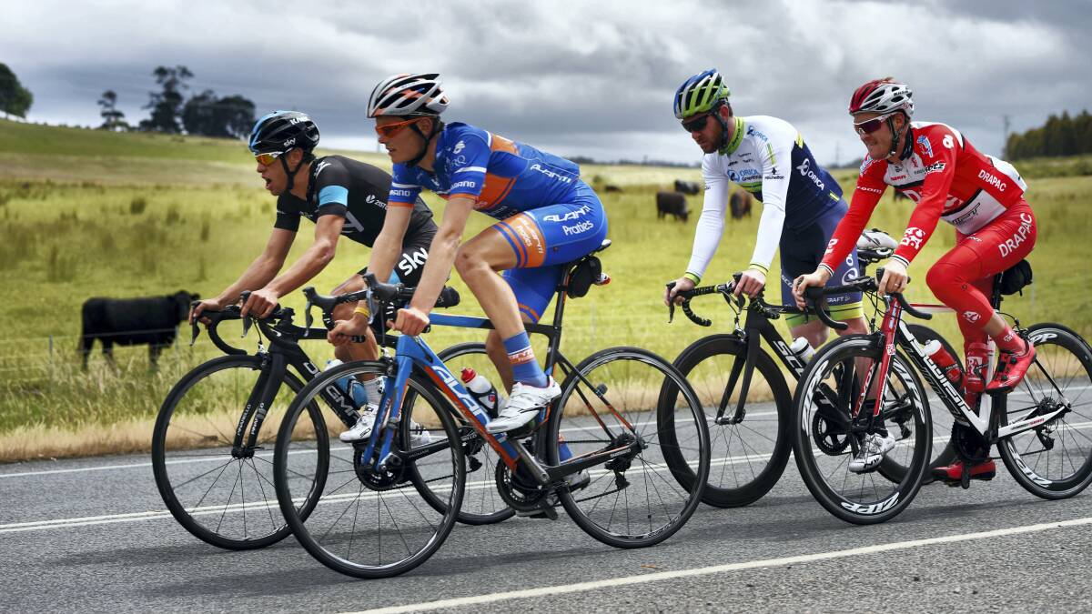 Alex Clements (second from left), pictured on a training ride with pro cyclists Richie Porte, Matt Goss and Bernie Sulzberger, has been keeping some elite company as he prepares to use his home-state criterium series as a lead-in to the national road titles in Victoria just a week later.