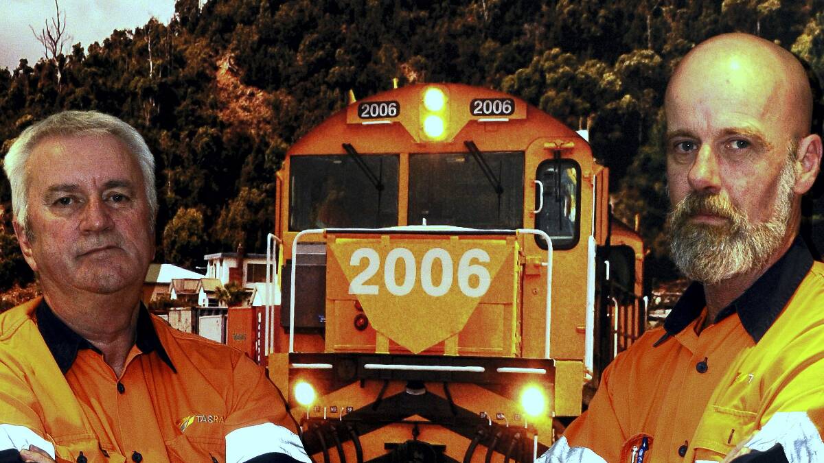 TasRail drivers Darrell Cooley and Craig Osborne hope the message will get through during National Rail Safety Week. Picture: NEIL RICHARDSON
