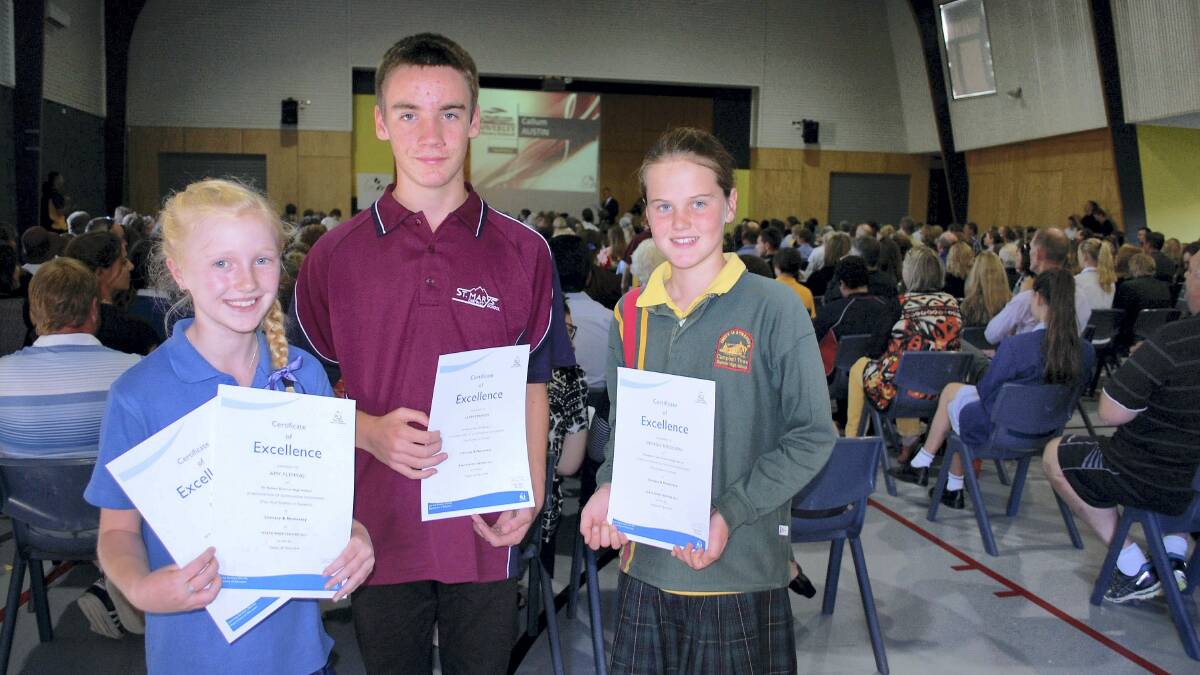 Amy Fleming, 10, of St Helens District High School, Liam Mahon, 14, of St Marys District High School, and Georgie Nicolson, 12, of Campbell Town District High School, were three of the 82 Northern students to receive NAPLAN excellence certificates yesterday. 