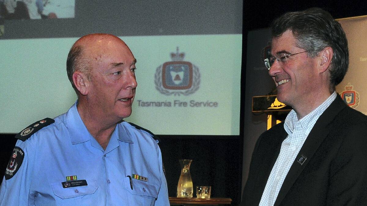 Chief Fire Officer Mike Brown and guest speaker Professor Nathan Bindoff at the Tasmania Fire Service State conference.