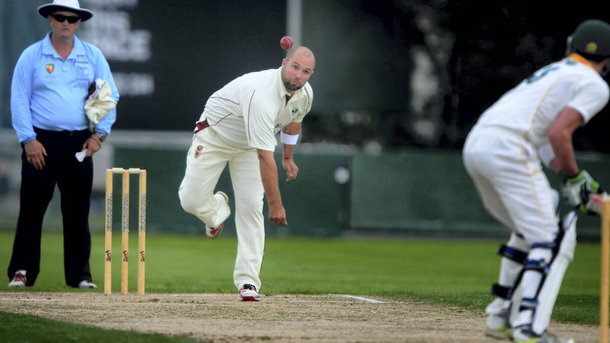 Westbury bowler Justin Curbishley sends down a delivery on the opening day of the NTCA grand final yesterday against South Launceston. 