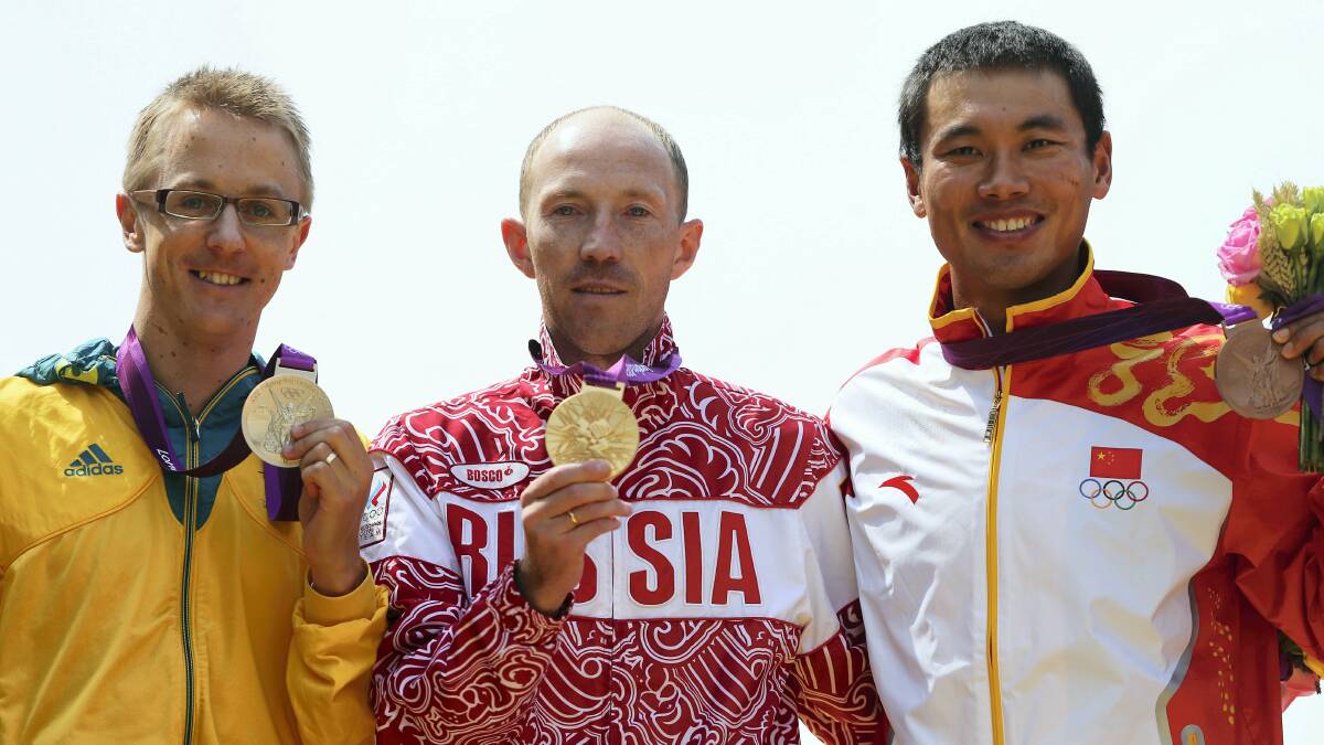 Australian walker Jared Tallent, winner of the silver medal, on the 2012 Olympic podium with gold medallist  Sergey Kirdyapkin, of Russia, and bronze medallist Tianfeng Si, of China.