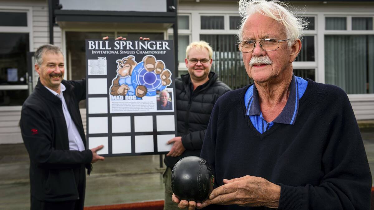 Bowling identity Bill Springer, with  East Launceston Bowling and Community Club president David Heron  and son Sam Springer. 