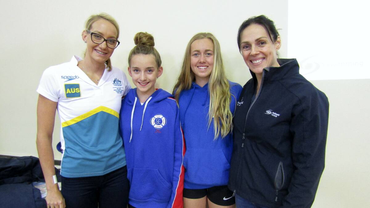Australian swimming team member Madison Wilson, Bethany Howell, 11, of South Esk, Georgia Davis, 14, of Riverside Aquatic, and former swimming world champion Linley Frame at the Swimming Tasmania community day at Campbell Town. 