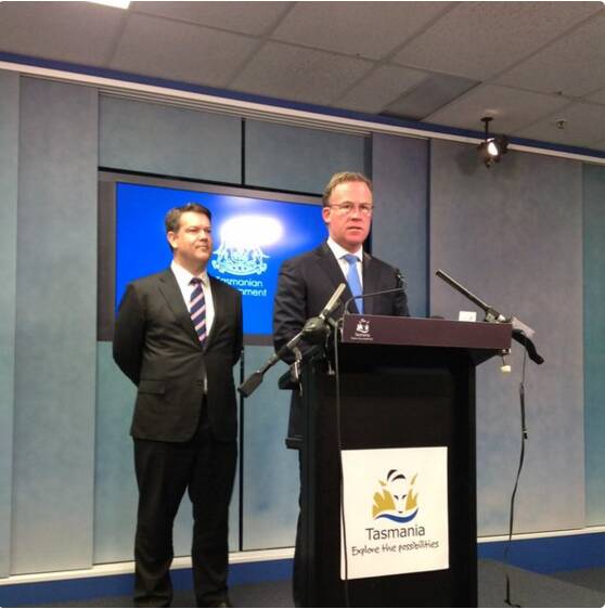 Premier Will Hodgman and Energy Minister Matthew Groom address the media on Friday morning. Picture ADAM LANGENBERG.