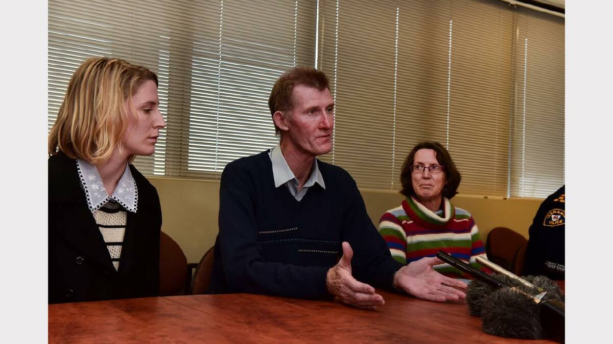 Family of missing 20 year old Ben Plowright, Sally Plowright and her parents Steve and Ruth Plowright, answer media questions at Launceston Police Headquarters. Picture: Neil Richardson.