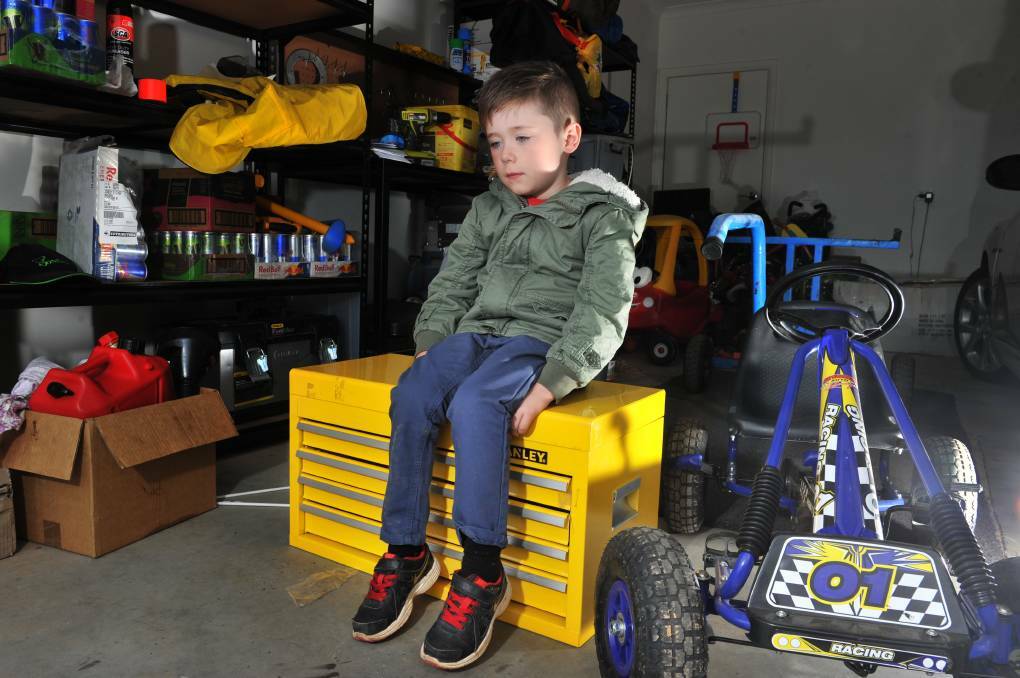 Heartless thieves have robbed Connor Jones, 6, of his cherished go-kart. Picture: NONI HYETT
