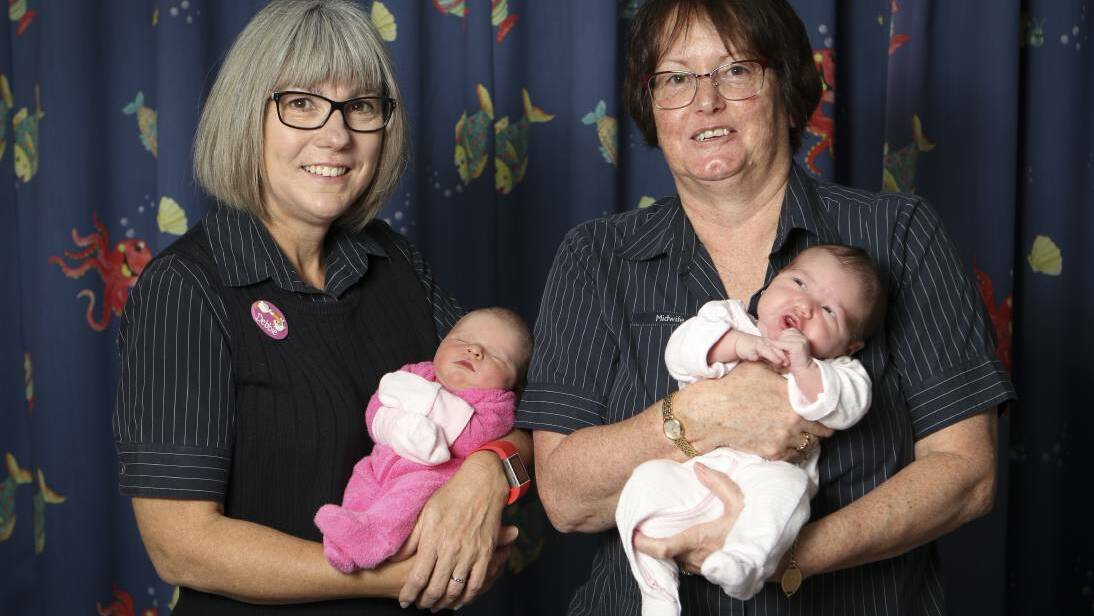 Mother lode: Mersey midwives Debbie Chettle with Autumn Grossmith and maternity services nurse unit manager Mandy Compton with Sophie Muir. Picture: Cordell Richardson