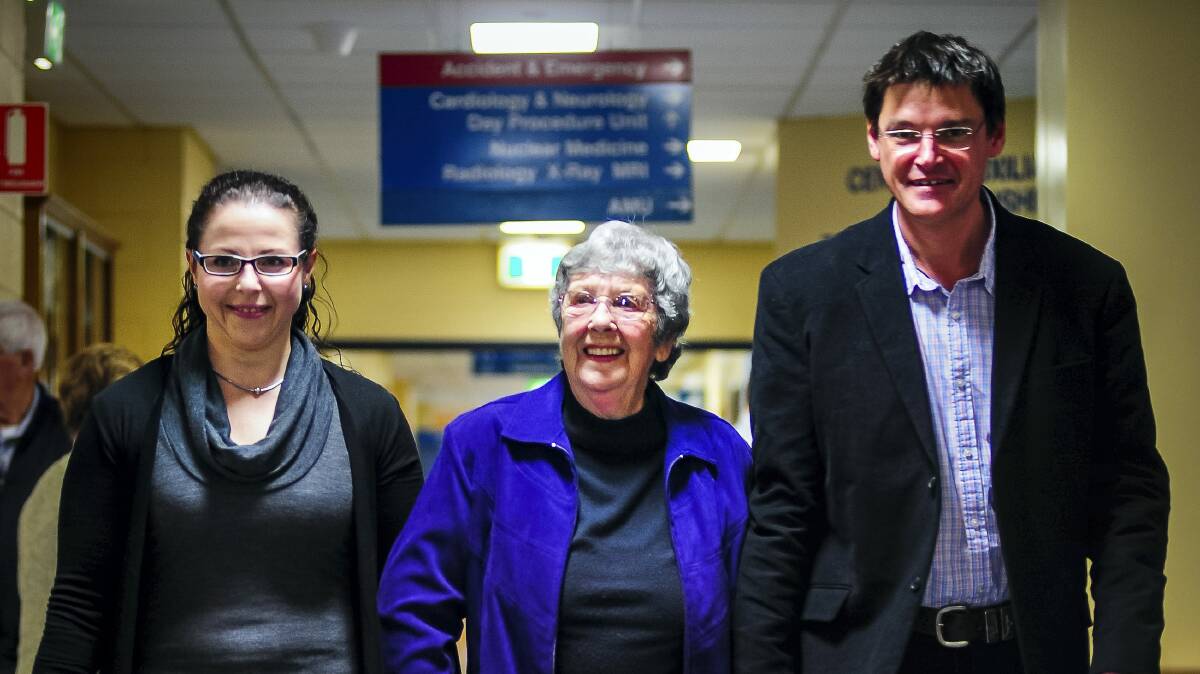 May Johnstone (centre) was the first person to undergo an operation in the new Launceston General Hospital theatre. With Mrs Johnstone are director of nursing-surgery Cassandra Sampson and director of surgery Brian Kirkby. 
