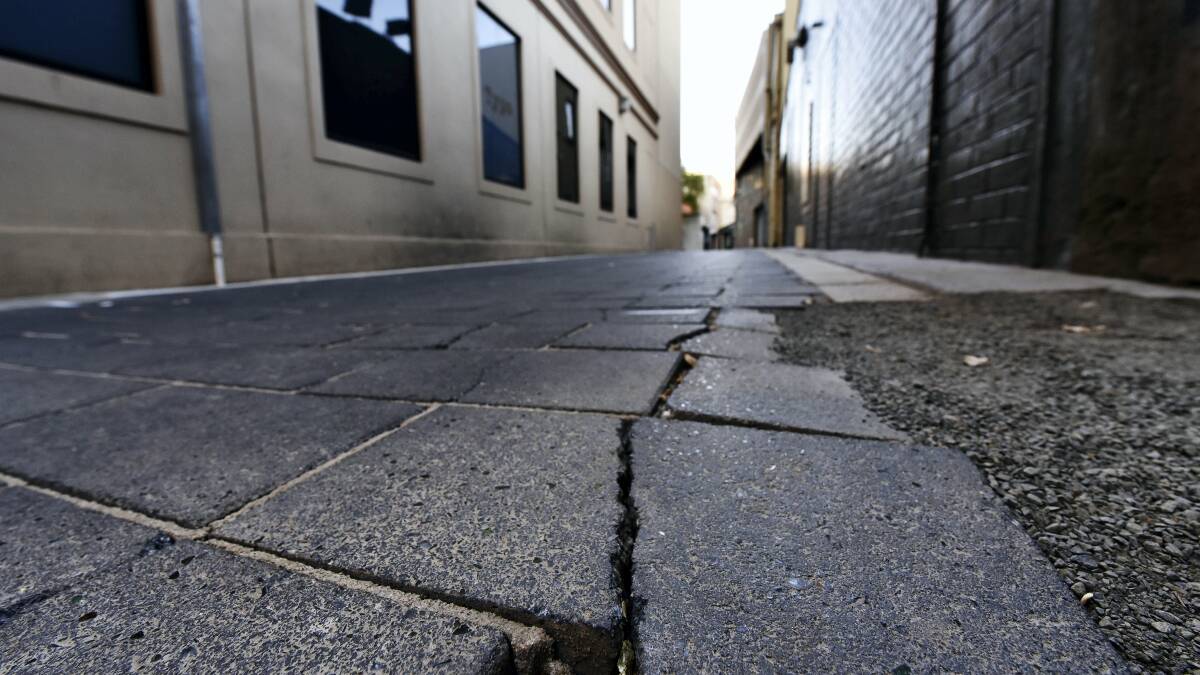 Cracks in the pavers in Launceston’s  Centreway Lane. The Launceston City Council has decided they will have to be replaced. Picture: SCOTT GELSTON 
