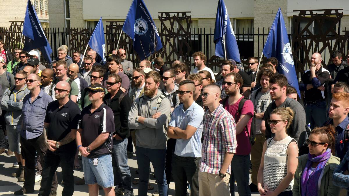 Seafarers rally at Australian Maritime College in protest at the proposed amendments to the shipping laws.  Picture: NEIL RICHARDSON