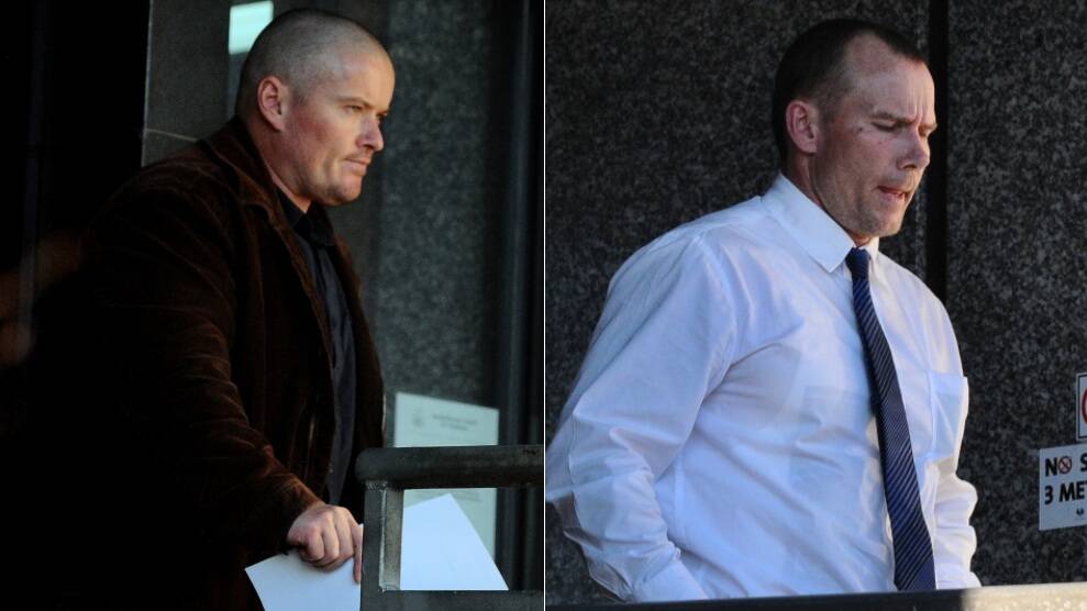 Jay David Blazely and Mitchell Clay Dowling outside the Launceston Magistrates Court during a previous appearance. 