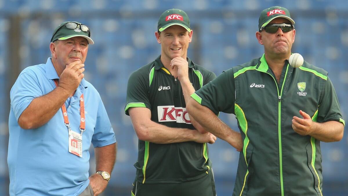 New national chairman of selectors Rod Marsh with Australian T20 captain George Bailey and Australian coach Darren Lehmann. Photo: Getty Images