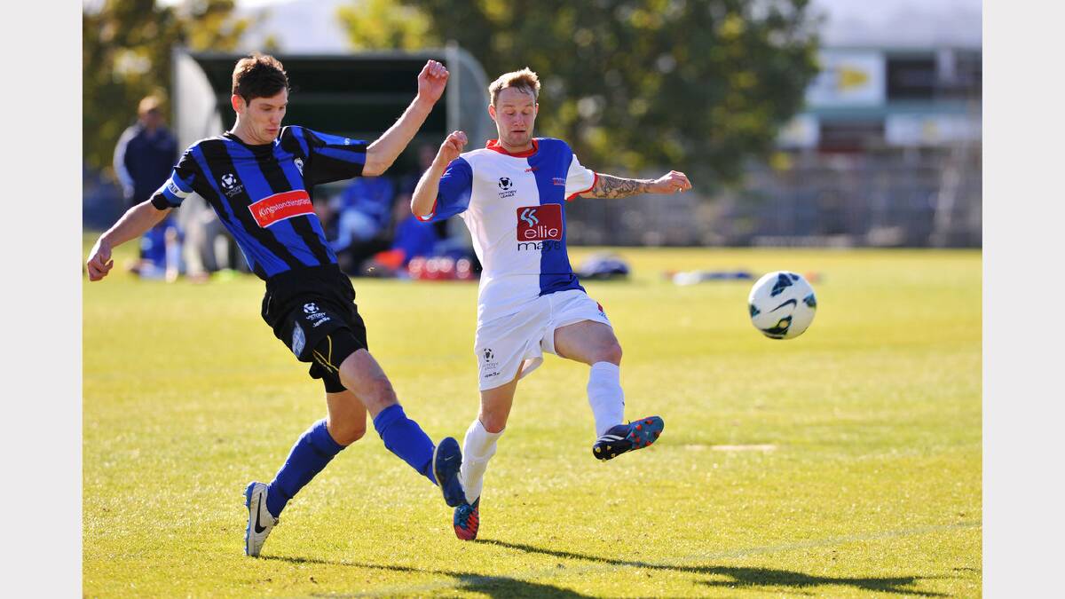 Northern Rangers' Adam Edwards closes in on Kingborough's Nicholas Cuthbertson during their Victory League clash in late April.

