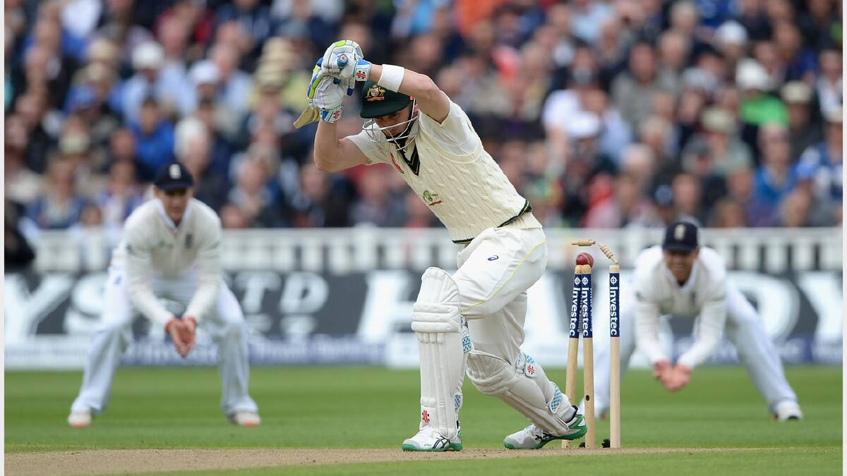 Peter Nevill of Australia is bowled by James Anderson of England during day one of the 3rd Investec Ashes Test match between England and Australia at Edgbaston on July 29, 2015 in Birmingham, United Kingdom. (Photo by Gareth Copley/Getty Images)