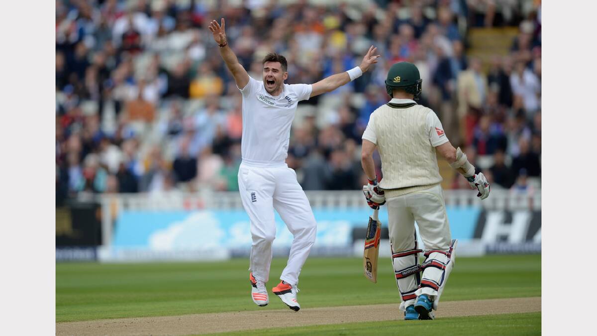 James Anderson of England successfully appeals for the wicket of David Warner of Australia during day one of the 3rd Investec Ashes Test match between England and Australia at Edgbaston on July 29, 2015 in Birmingham, United Kingdom.