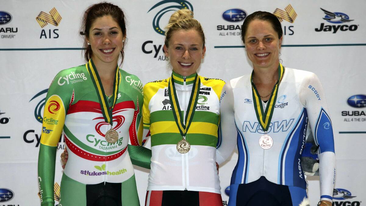 On the podium after the women’s points race at the 2016 Australian track cycling championships in Adelaide were  silver medal winner Georgia Baker, gold medallist  Annette Edmondson, of SA,  and  bronze medallist Ashlee Ankudinoff, of NSW. Picture: CYCLING AUSTRALIA