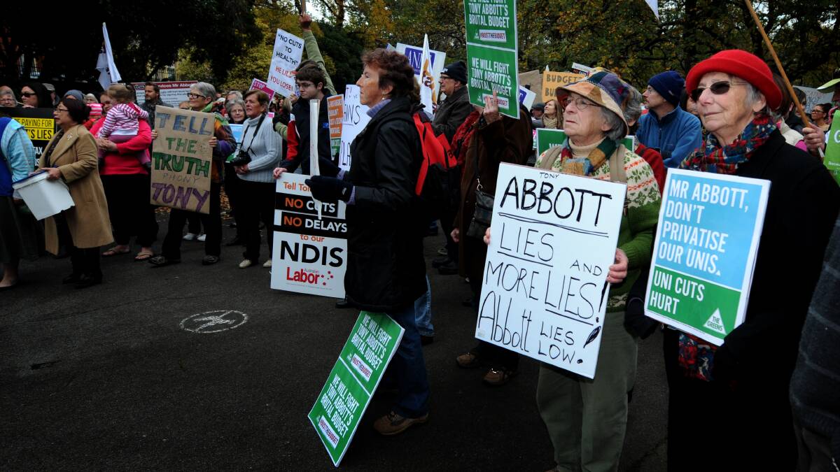 About 750 people protested against the federal budget at Prince's Square, in Launceston, today. Picture: GEOFF ROBSON.