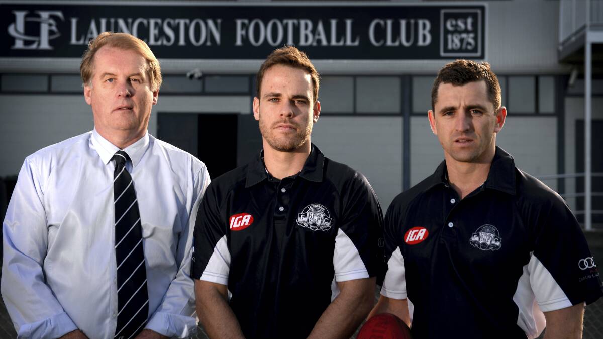 Launceston president Malcolm Atkins, new coach Sam Lonergan and  assistant coach Scott Stephens.  Picture: GEOFF ROBSON