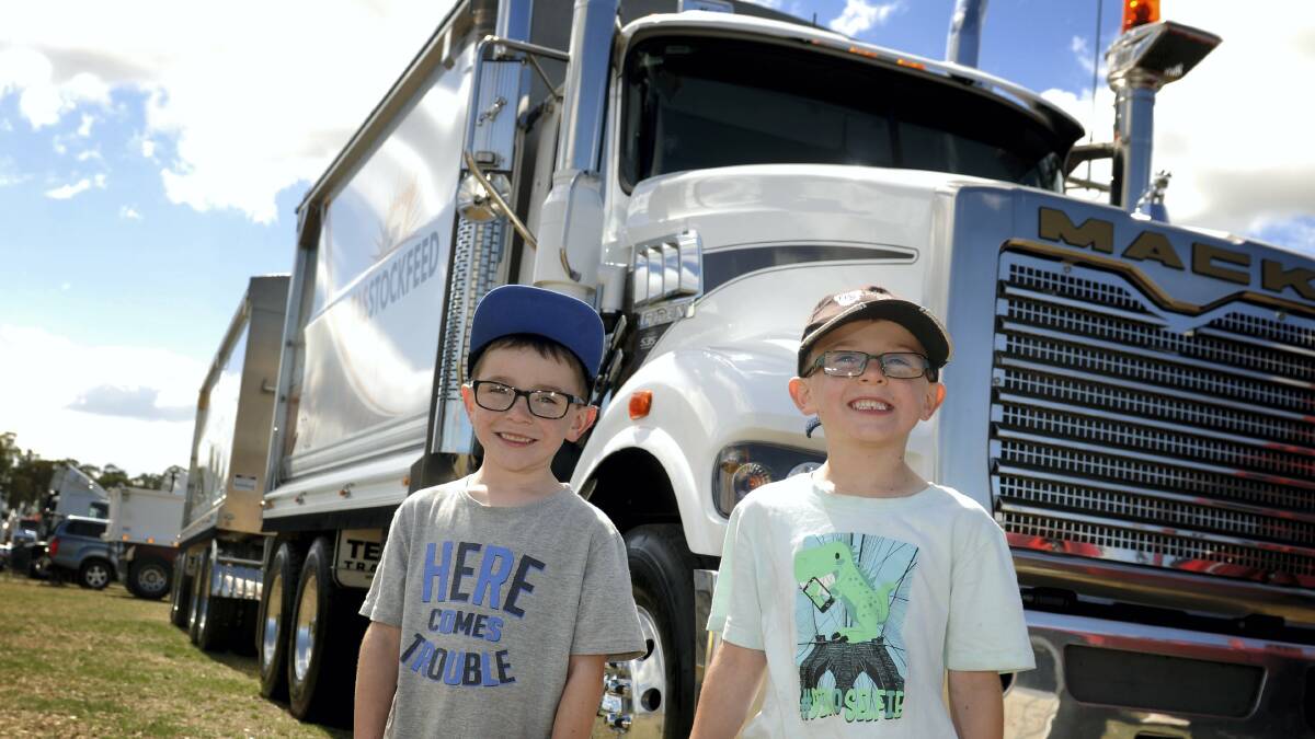 Port Sorell twins, Noah and Tyler Hay, 5, keep an eye on their dad’s truck at the Tasmanian Truck Show at Quercus Park. Picture: GEOFF ROBSON
