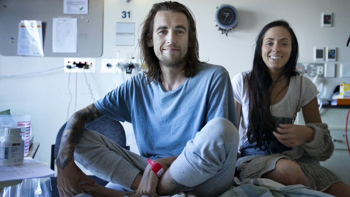 Scott Atkins with his partner Hayley Close. Scott suffers cystic fibrosis and has just had a successful double lung transplant that has saved his life, the money for which they raised through crowd funding. Picture: THE AGE