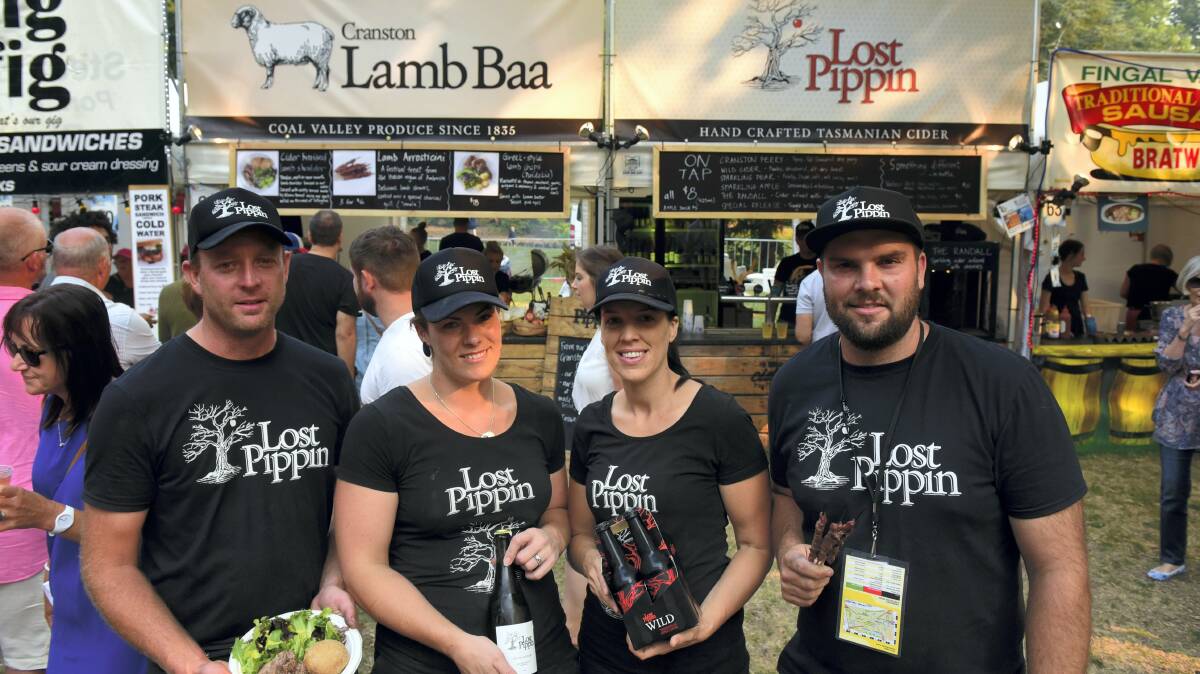 Pippin Cider and Lamb Baa co-owners Andrew and Kate Beven, Rebecca Jones and Mark Robertson in front of their multi-award-winning stall. Picture: PAUL SCAMBLER