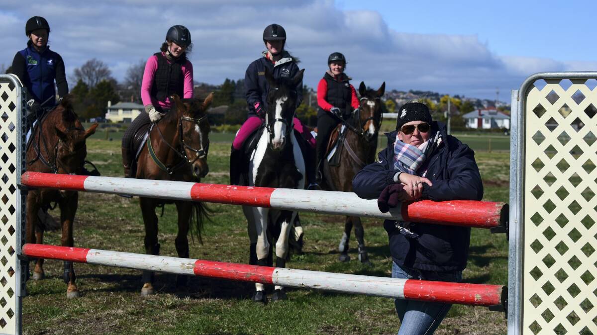 Visiting equestrian coach Rebecca Jenkins with Amanda Cameron, of Carrick, Charlotte Youngman, of Relbia, Alysha Verwey, of Longford, and Alisson Vandervist, of Launceston. Picture: PAUL SCAMBLER