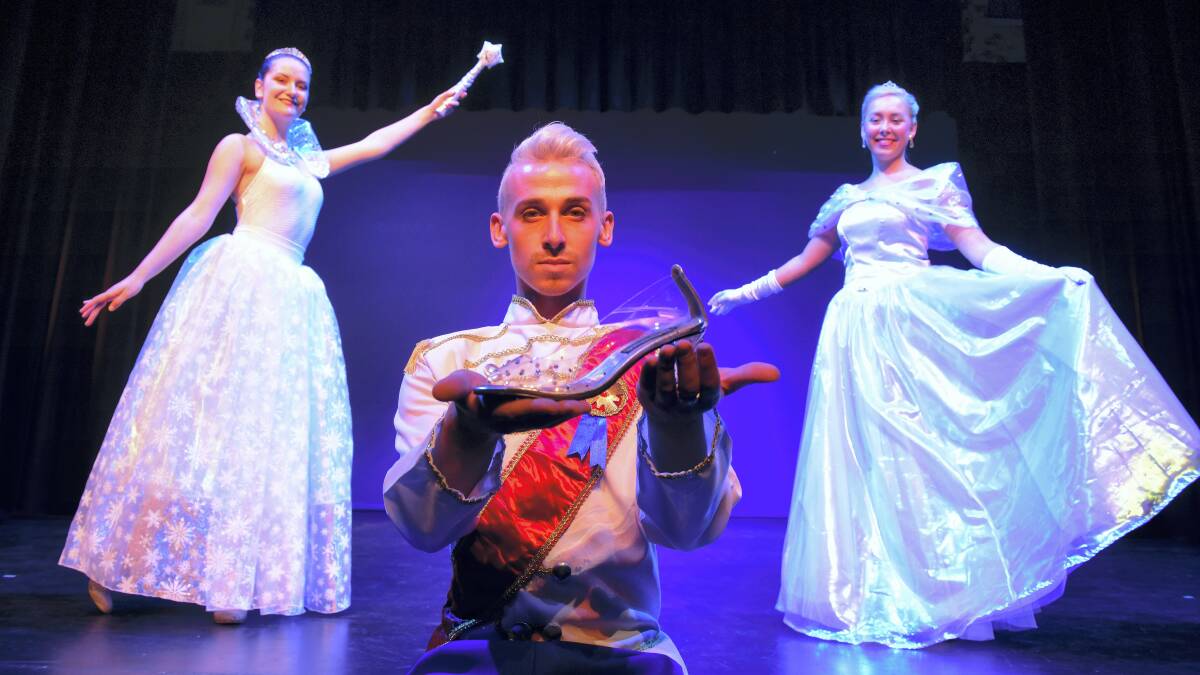 Justin Clausten, playing  the Prince, Kasmyn Murfet, as the Fairy Godmother, and Audrey Kendell as Cinderella in The Glass Slipper. Picture: PAUL SCAMBLER

