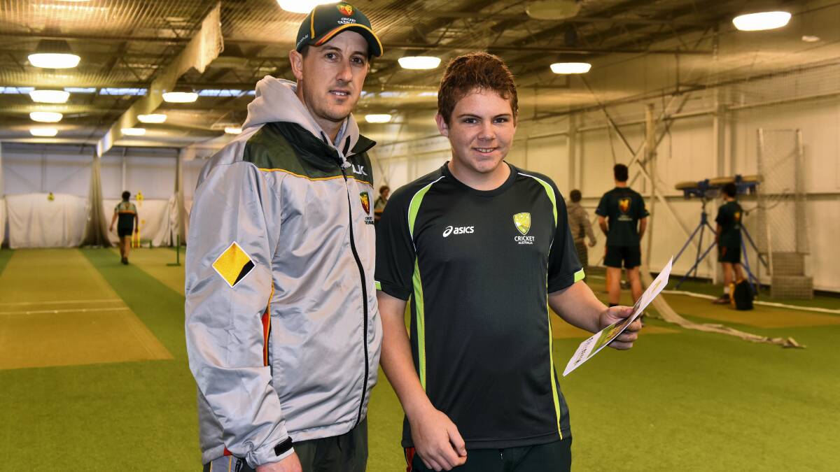Cricket Tasmania Northern high performance coach Clinton Reid with Jarrod Freeman, of George Town, who has been   selected to join Cricket Australia’s rookie program. Picture: NEIL RICHARDSON
