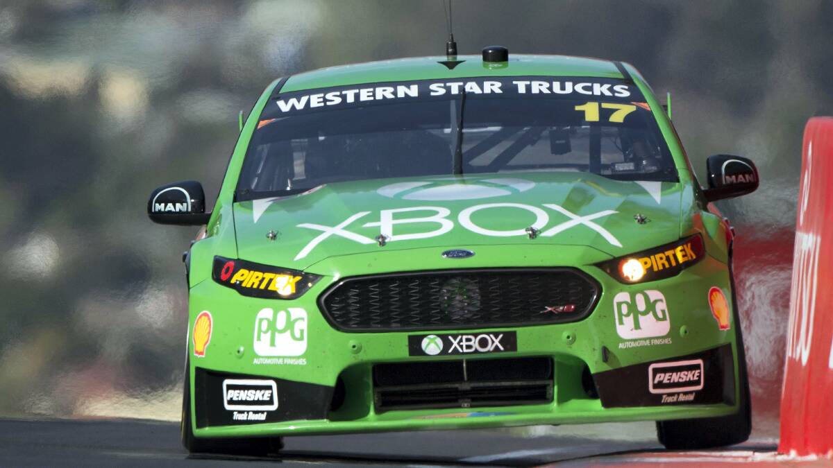 Marcos Ambrose puts  the power down in his X Box Ford FG X, which  he will drive with  Scott Pye in this weekend’s Bathurst 1000.
