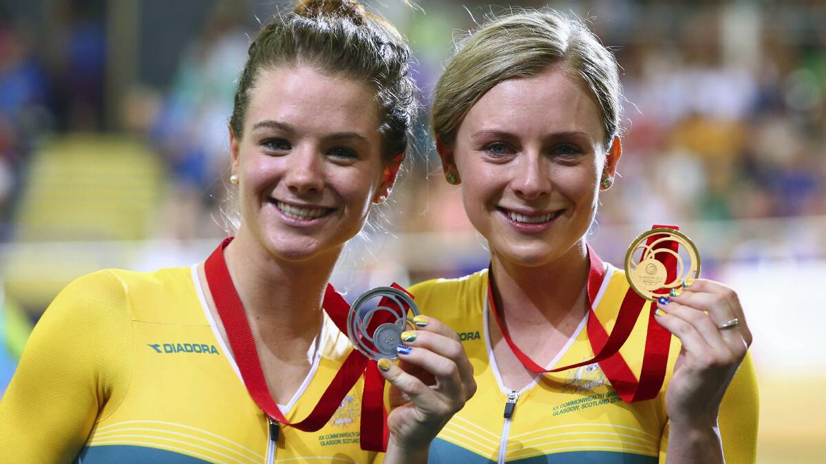 Gold medallist Annette Edmondson with Tasmania's silver medallist Amy Cure (left). Picture: GETTY IMAGES