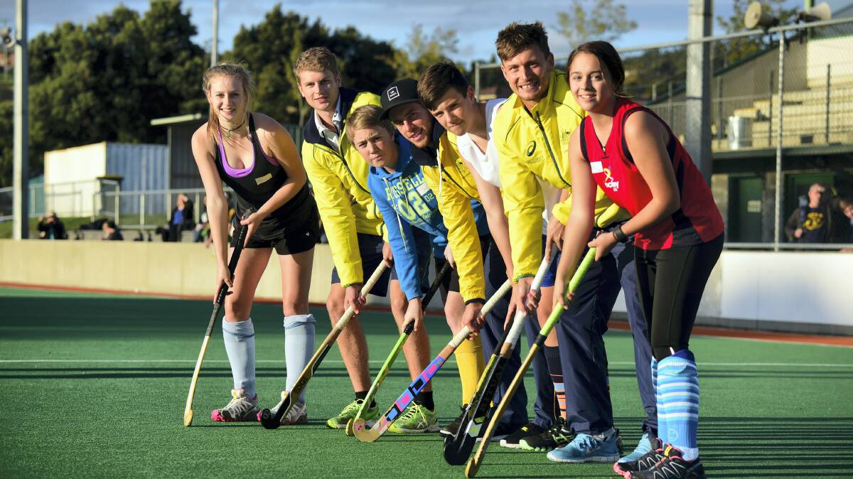 At yesterday’s hockey clinic at St Leonards were Miranda Grant, 16, Josh Beltz, C-Jay Denman, 13, Dylan Wotherspoon, Beau Cornelius, 14, Nick Budgeon and Molly Lewis, 15. Picture: PAUL SCAMBLER