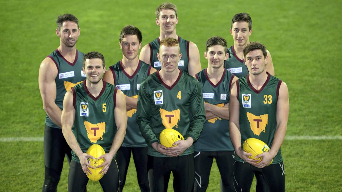 Northern members of the state football team. BACK: Mitchell Hills, Matt Hanson, Bart McCulloch, Thane Bardenhagen, and Will Hanson.   FRONT:  Jay Blackberry, Andrew Cox-Goodyer and Taylor Whitford  at training last night at Aurora Stadium. Picture: MARK JESSER