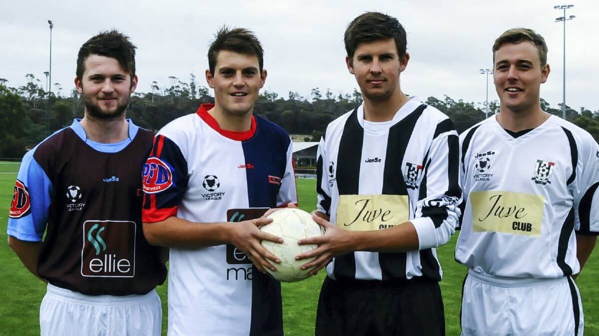 Ready for the Northern Victory League kick-off are Ashley Fisher and  Mitchell Dent, of Northern Rangers, and Aaron Campbell and Luke Kolodjashnij, of  Launceston City.  Picture: NEIL RICHARDSON