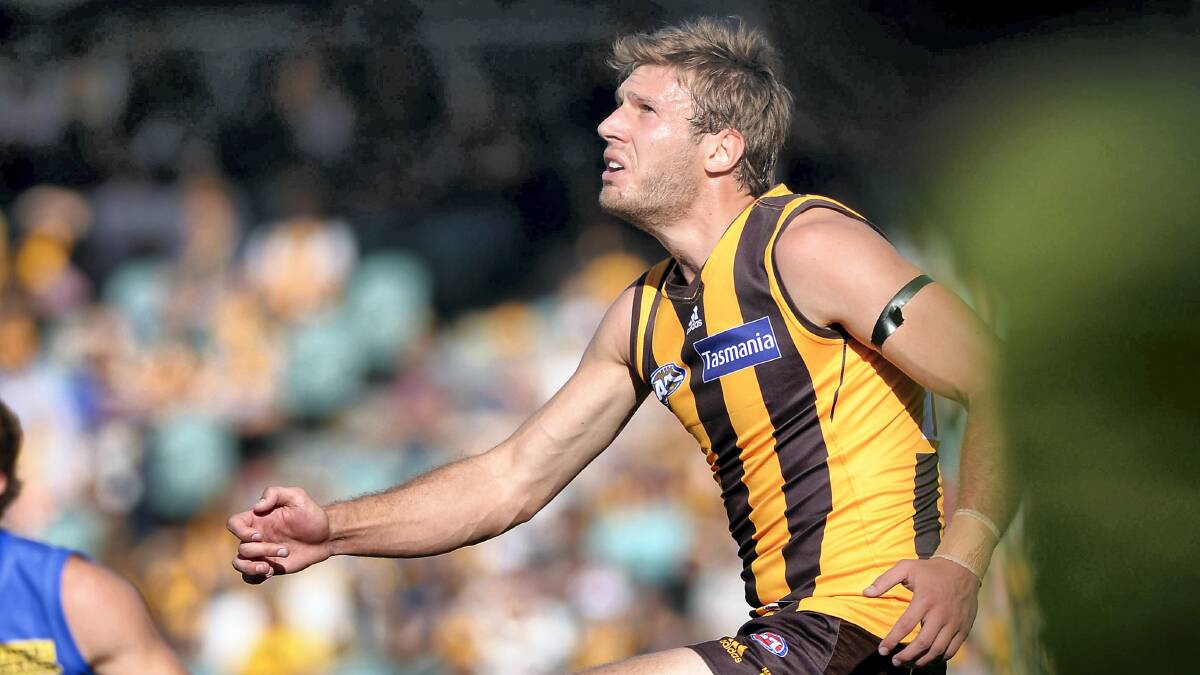 Grant Birchall in action for Hawthorn at Launceston's Aurora Stadium on Saturday. He finished the game with 31 possessions. Picture: SCOTT GELSTON
