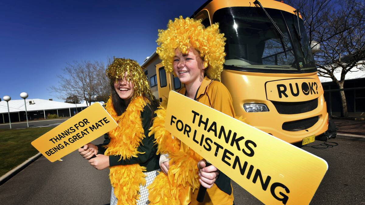 Brooks High grade 7 students Alice Pridmore and Sophie Campbell at the RUOK Bus visit to their school. Picture: SCOTT GELSTON