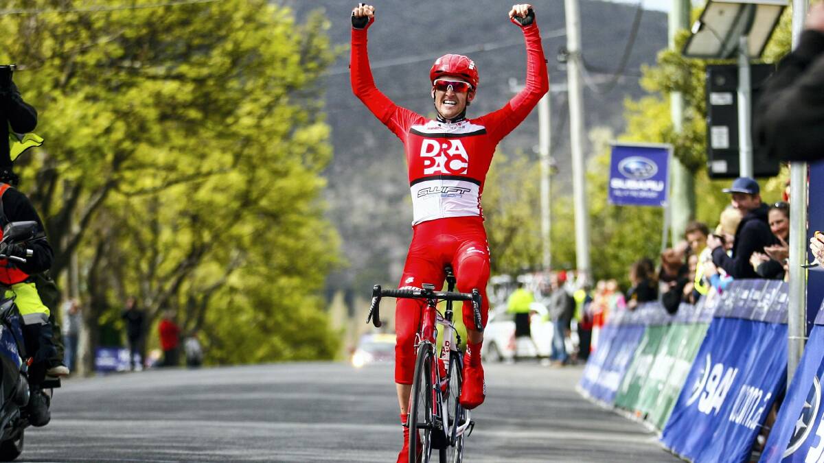 Tasmanian Wes Sulzberger crosses the finish line to win the second stage of the Tour of Tasmania.  Picture: JXPPHOTOGRAPHY