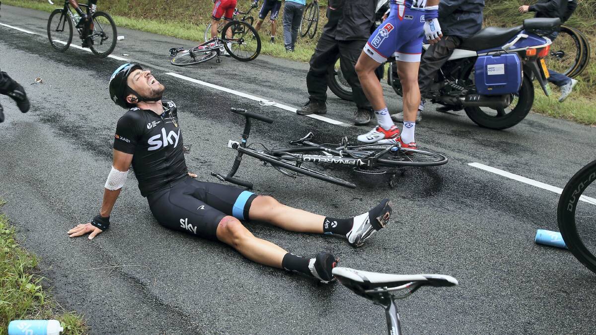 Xabier Zandio, of Spain and Team Sky, lies on the ground after being involved in a crash on the descent of the Cote de Coucy-le-Chateau-Auffrique, which forced him to abandon the race.  Picture: GETTY IMAGES