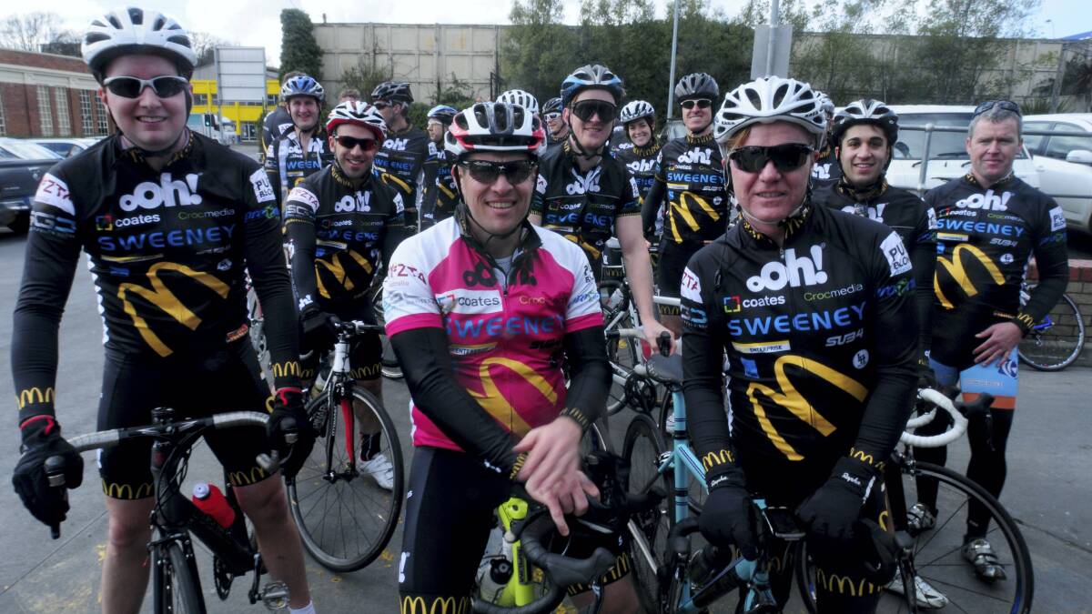 Justin Vincent, of Sandy Bay, and Steve Danaher and Ash Davis, of Melbourne, were among about 25 cyclists who started the seven-day Ride for Sick Kids in Launceston yesterday.