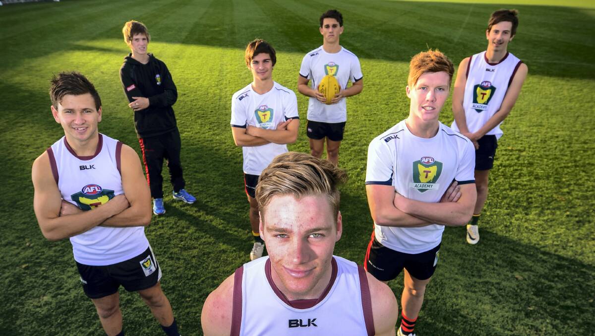 Northern members of the Tassie Mariners  team Tim Jones, front,  with Brayden Pitcher, Lochlan Young, Logan Reynolds, Jay Lockhart, Dakota Bannister and  Zac Oldenhof are ready to  defend their division 2 national under-18 football title. Picture: PHILLIP BIGGS